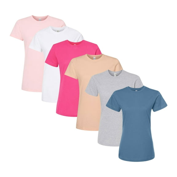 Tultex Women's Fine Jersey Classic Fit T-Shirt, Bulk Tee, 100% Ring-Spun USA Cotton, 4.5 oz. Assorted Short Sleeve Crewneck Plain Tees, Multi Pack Solid T-shirts (Bright Color 6 Pack, L)