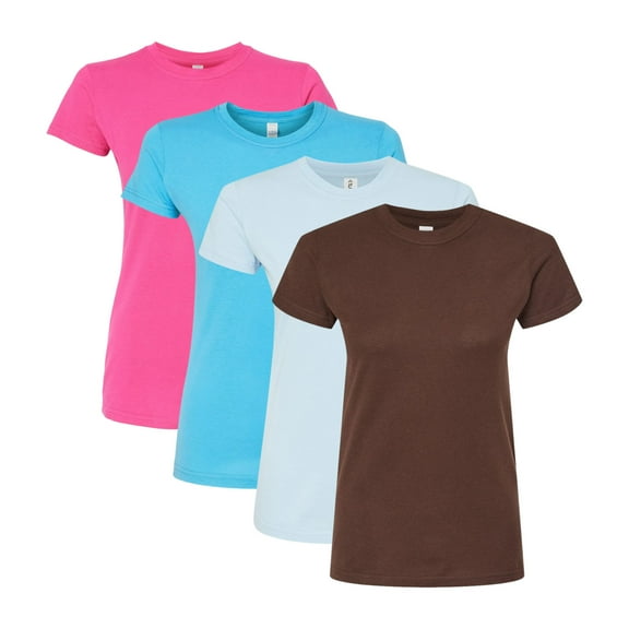 Tultex Women's Fine Jersey Slim Fit T Shirt, 100% Ring Spun USA Cotton Bulk Tee, Assorted Short Sleeve Crewneck Plain Tees, Multi Pack Solid T shirts (Bright Color 4 Pack, L)