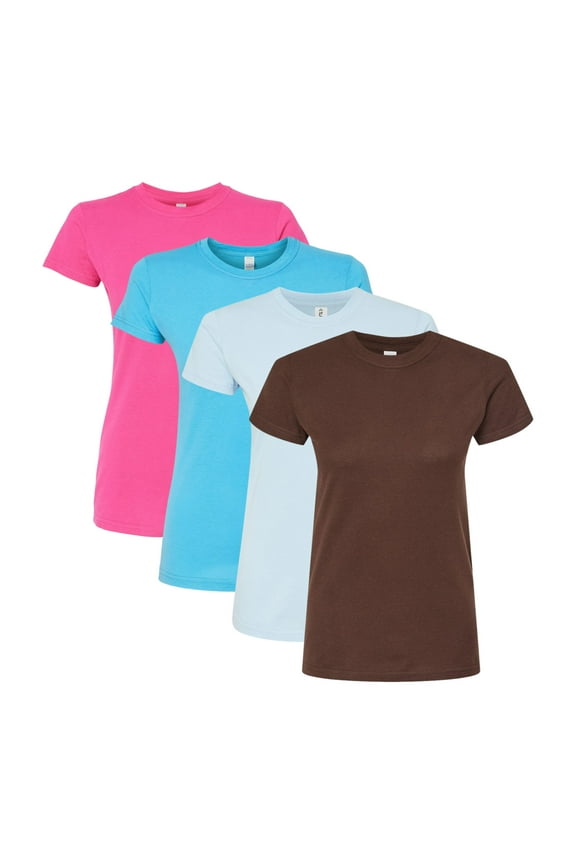 Women's Fine Jersey Slim Fit T Shirt, 100% Ring Spun USA Cotton Bulk Tee, Assorted Short Sleeve Crewneck Plain Tees, Multi Pack Solid T shirts (Bright Color 4 Pack, L)