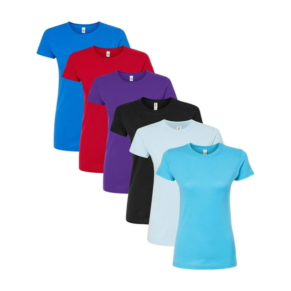 Tultex Women's Fine Jersey Slim Fit T Shirt, 100% Ring Spun USA Cotton Bulk Tee, Assorted Short Sleeve Crewneck Plain Tees, Multi Pack Solid T shirts (Dark+Bright Color 6 Pack, M)