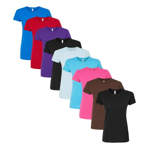Tultex Women's Fine Jersey Slim Fit T Shirt, 100% Ring Spun USA Cotton Bulk Tee, Assorted Short Sleeve Crewneck Plain Tees, Multi Pack Solid T shirts (Dark+Bright Color 9 Pack, M)