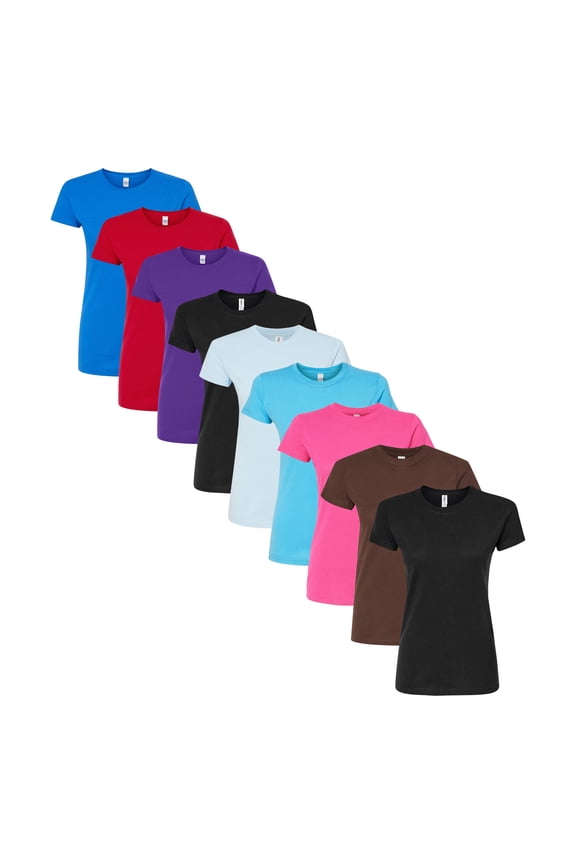 Women's Fine Jersey Slim Fit T Shirt, 100% Ring Spun USA Cotton Bulk Tee, Assorted Short Sleeve Crewneck Plain Tees, Multi Pack Solid T shirts (Dark+Bright Color 9 Pack, M)