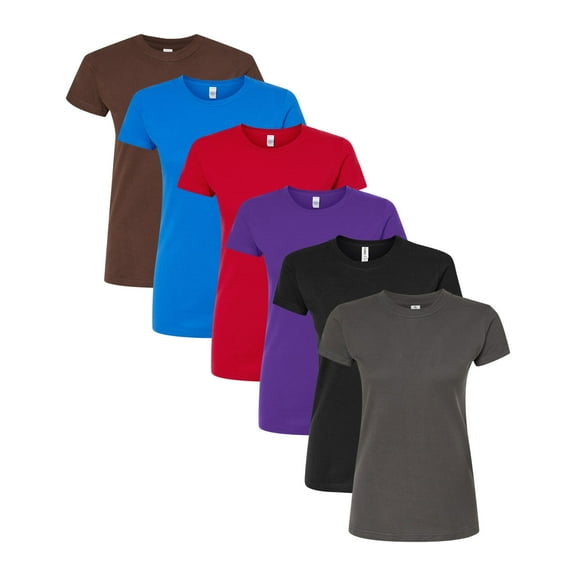 Tultex Women's Fine Jersey Slim Fit T Shirt, 100% Ring Spun USA Cotton Bulk Tee, Assorted Short Sleeve Crewneck Plain Tees, Multi Pack Solid T shirts (Dark Color 6 Pack, M)