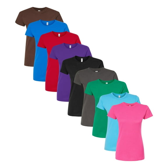 Tultex Women's Fine Jersey Slim Fit T Shirt, 100% Ring Spun USA Cotton Bulk Tee, Assorted Short Sleeve Crewneck Plain Tees, Multi Pack Solid T shirts (Dark Color 9 Pack, M)