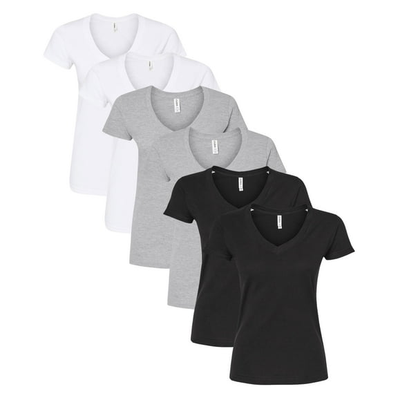 Tultex Women's Fine Jersey V-Neck T-Shirt , Bulk Tee, 100% Ring-Spun USA Cotton, 4.5 oz. Assorted Short Sleeve Crewneck Plain Tees, Multi Pack Solid T-shirts (Dark+Bright Color 6 Pack, L)