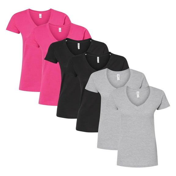 Tultex Women's Fine Jersey V-Neck T-Shirt , Bulk Tee, 100% Ring-Spun USA Cotton, 4.5 oz. Assorted Short Sleeve Crewneck Plain Tees, Multi Pack Solid T-shirts (Dark Color 6 Pack, L)