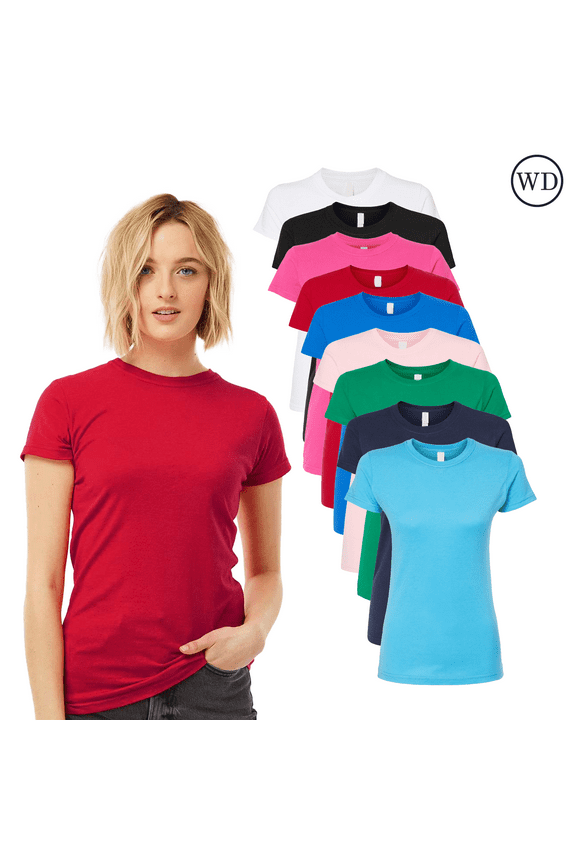 Women's T-Shirt, Slim Fit Pre-Shrunk Ring-Spun-Cotton Fine Jersey, Multicolor, 9 Pack, M
