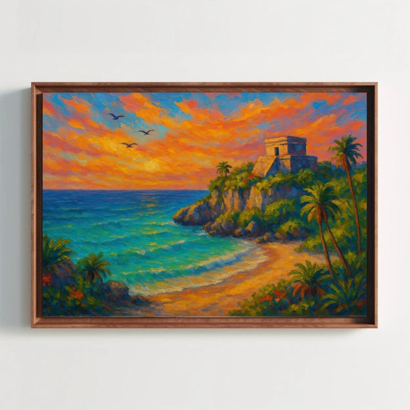 Tulum Beach Canvas Print Mayan Ruins Wall Art Tropical Mexican Coast Sunset Painting Boho Coastal Decor With Palm Trees And Cliff, Unframed Poster Size 8x12