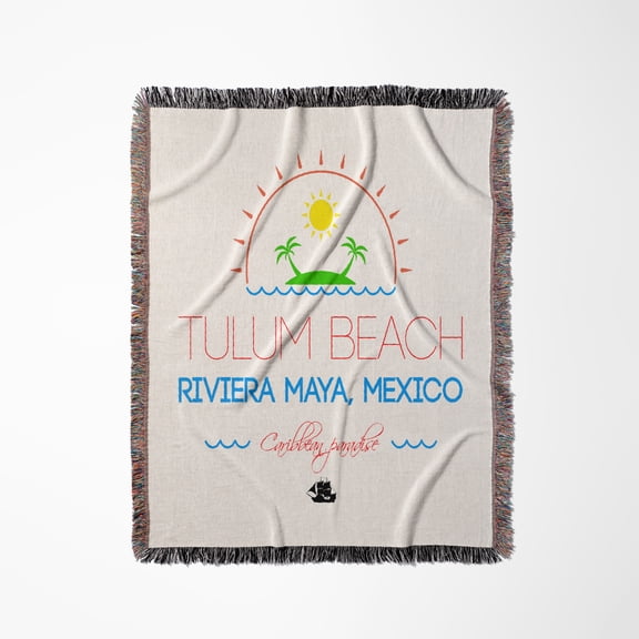Tulum Beach, Riviera Maya, Mexico, Caribbean Paradise Text And Image, Woven Blanket