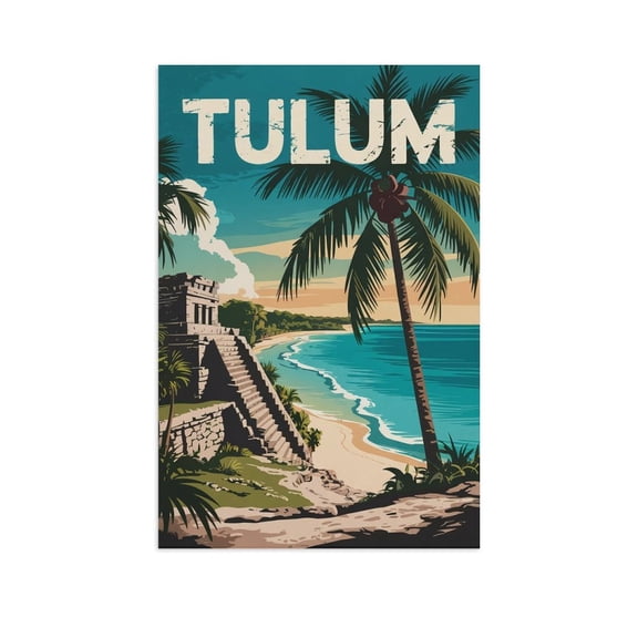 Tulum Classic Poster Retro Cityscape with Ancient Ruins & Tropical Waters Print Poster