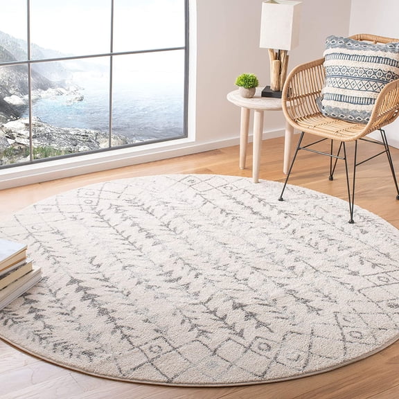 Tulum Collection Area Rug - 5' Round, Ivory & Grey, Moroccan Boho Distressed Design, Non-Shedding & Easy to Clean, Ideal for Living Room, Bedroom, Dining Space (TUL262A)