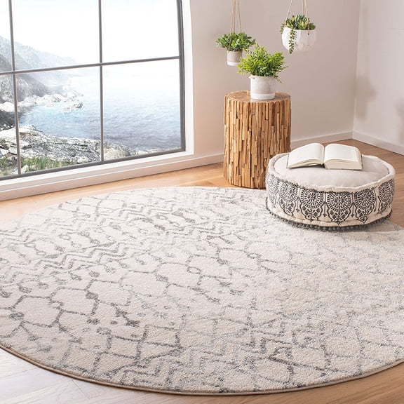 Tulum Collection Area Rug - 5' Round, Ivory & Grey, Moroccan Boho Distressed Design, Non-Shedding & Easy to Clean, Ideal for Living Room, Bedroom, Dining Space (TUL270A)