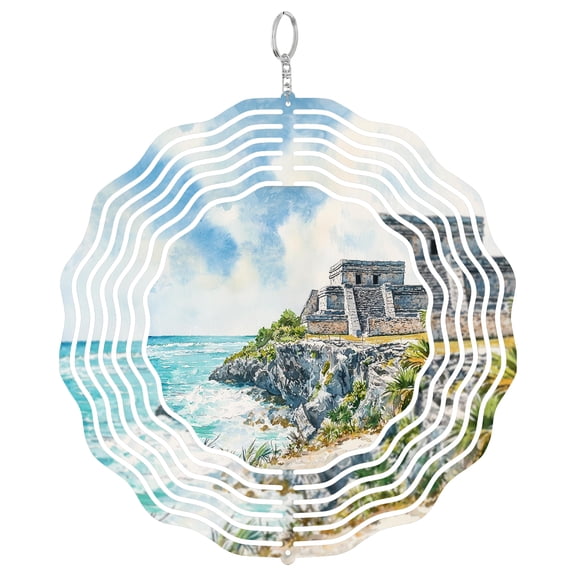 Tulum Mexico Mayan Ruins 3D Wind Spinner Stainless Steel Kinetic Art Tropical Garden Decor Caribbean History Gift