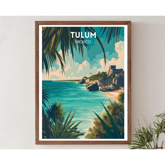 Tulum Mexico Modern Travel Scenic Ruins Coast Clean Illustration North America Wall Art, Unframed Poster