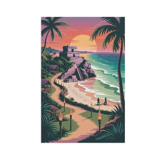 Tulum Retro City Travel Poster with Beach Ruins, Yoga Retreat And Tropical Serenity Canvas Poster