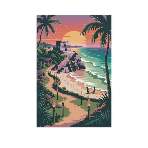 Tulum Retro City Travel Poster with Beach Ruins, Yoga Retreat And Tropical Serenity Canvas Poster