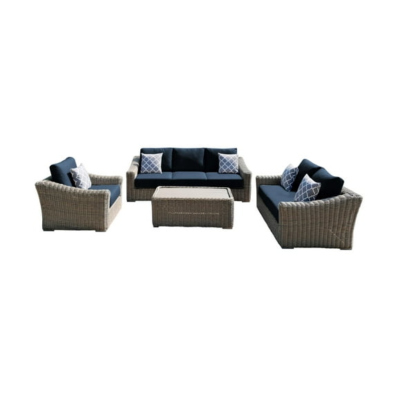 Tulum Two-Tone Dark Beige Aluminum Frame Deep Seating Set in Blue Cushion