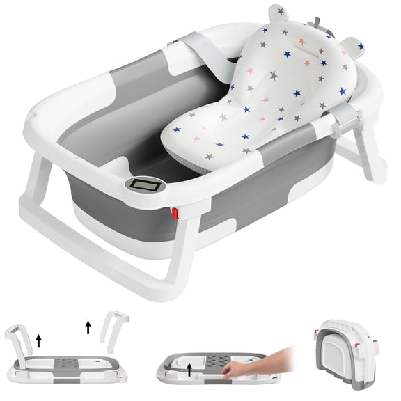 Tumajup Collapsible Baby Bathtub with Soft Bath Cushion&Thermometer Gray