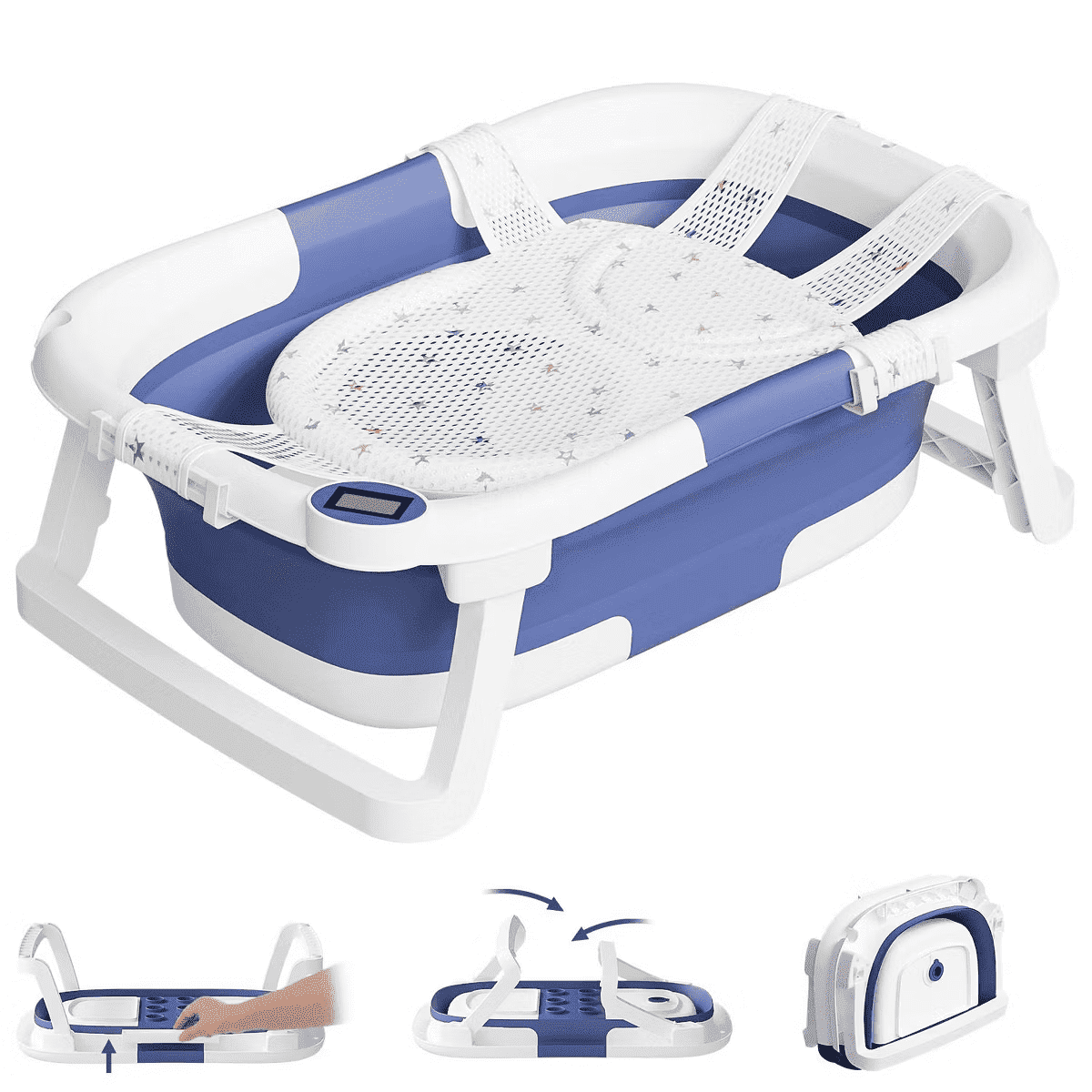 Tumajup Foldable Baby ‎Bathtub PP+TPE with Soft Bath Net&Thermometer for 0-36 Months Toddler Blue