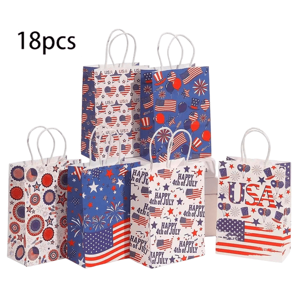 Tumao 18 Pcs 4th of July Gift Bags with Handle Reusable Paper American Flag Goodie Bags Independence Day Gift Bag for Patriotic Independence Party Supplies