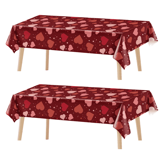 Tumao 2 Pack Valentine's Day Tablecloth, Valentines Table Cloth 54x108inch Disposable Plastic Tableclothes Red Love Heart Fabric Table Cover for Anniversary Valentines Wedding Birthday