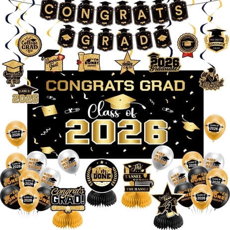 Tumao 2026 Graduation Decorations, Graduation Party Decorations  Black Gold Themed Set Graduation Banner Balloons Party Supplies
