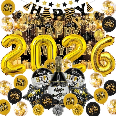 Tumao 2026 Happy New Years Decorations Set New Years Eve Party Supplies 2026, Black Gold Balloons, Happy New Year Backdrop