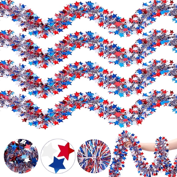 Tumao 33FT 5Pcs 4th of July Garland Red White and Blue Patrioic Star Metallic Tinsel Garland for Independence Day Memorial Day and Veterans Day Decorations