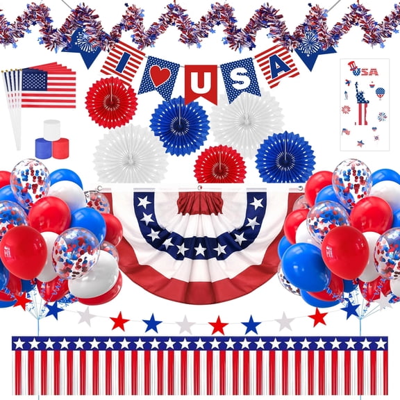 Tumao 35Pcs 4th of July Parade Car Decoration Kit, Patriotic Parade Golf Cart Decor, Pleated Fan Flag, Foil Fringe Garland, Tinsel Garland for Independence Day Memorial Day and Veterans Day