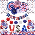 thumbnail image 1 of Tumao 47Pcs July 4th Party Decoration Set Patriotic Decor Props Backdrop USA Flag String Red White Blue Paper Fans Star Streamer Hanging Swirls for Memorial Day Fourth of July Flag Day, 1 of 8
