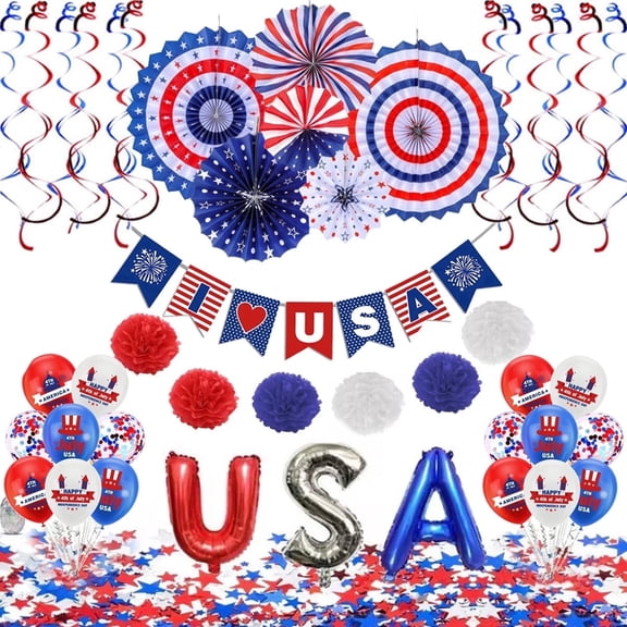 Tumao 47Pcs July 4th Party Decoration Set Patriotic Decor Props Backdrop USA Flag String Red White Blue Paper Fans Star Streamer Hanging Swirls for Memorial Day Fourth of July Flag Day