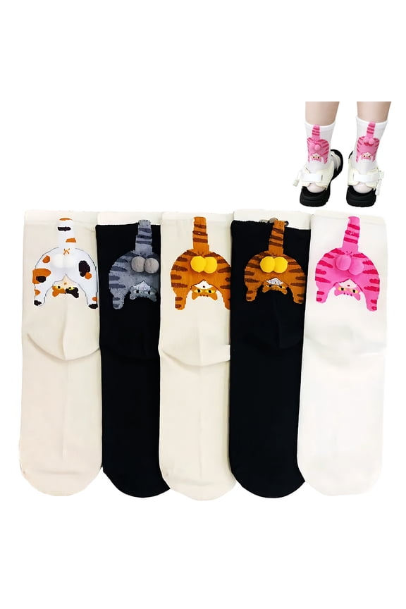5 Pairs Cute Cat Socks with Balls Women Crazy Novelty Animal Socks Silly 3D Sock for Women Cats Lovers Gift