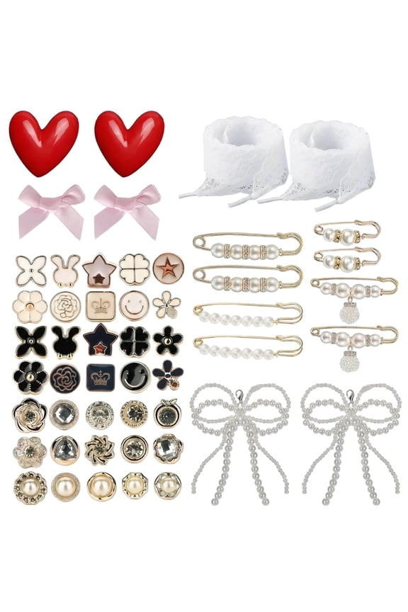 51PCS Shoe Charms for Sneakers, Junk Socks Charms Kit with Pearl Bows, Lace shoelaces and Pins, DIY Accessories for Decorating and Personalizing Socks Shoes Hats