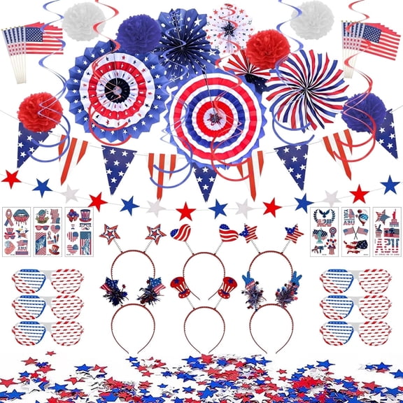 Tumao 57Pcs July 4th Party Decoration Set Patriotic Party Favors Supplies Hanging Swirls Headbands Glasses Star Streamer for Memorial Day Fourth of July Flag Day
