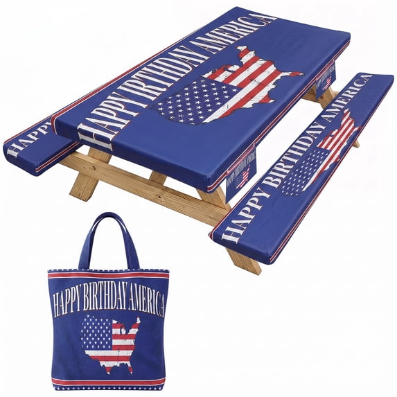 Tumao 6FT American Flag Picnic Table Cover with Bench Covers and Carrying Bag, 4th of July Waterproof Windproof Camping Rectangle Tablecloths, Washable Polyester Cover for Patio Indoor Outdoor