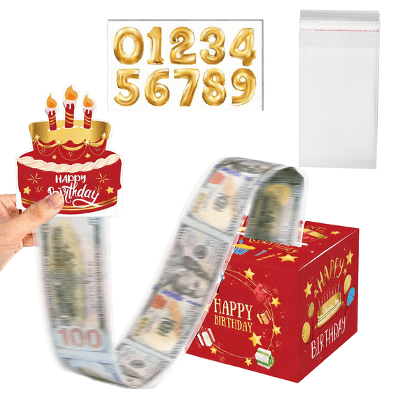 Tumao Birthday Money Box for Cash Gift, Money Roll Gift Box for Cake Pull Out Kit with Pull Out Happy Birthday Day Card and 30Pcs Transparent Bags for Women Men Surprise