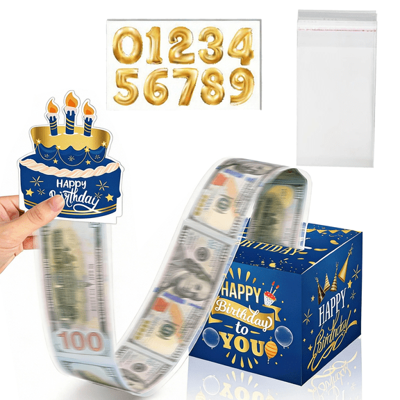 Tumao Birthday Money Box for Cash Gift, Money Roll Gift Box for Cake Pull Out Kit with Pull Out Happy Birthday Day Card and 30Pcs Transparent Bags for Women Men Surprise
