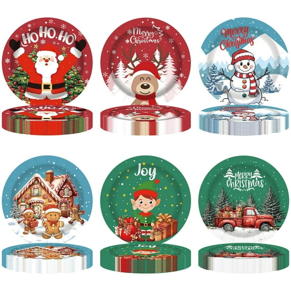 Tumao Christmas Plates Set 9 inch Christmas Party Supplies Decorations, Red Green Merry Christmas Party Tableware Set for Family, 60 Pcs