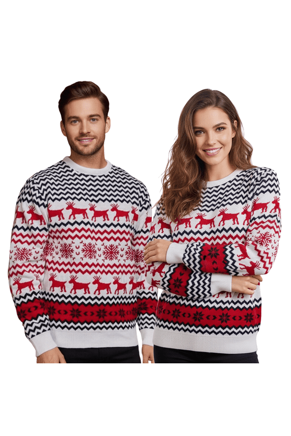 Christmas Sweaters for Women Family Couples Reindeer Snowflake Print Sweater Round Neck Long Sleeve Pullover Sweater Tops for Christmas, parties