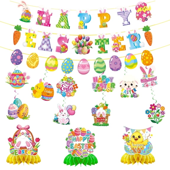 Tumao Easter Party Supplies and Decorations, Easter Party Decorations Set Include Cake Topper Banner Hanging Swirls Honeycomb Centerpiece