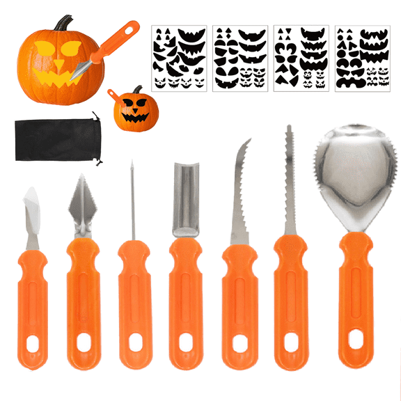 Tumao Halloween Pumpkin Carving Kit - 12 Pcs Stainless Steel Pumpkin Carving Knife Sets with Stencils & Storage Bucket for Halloween