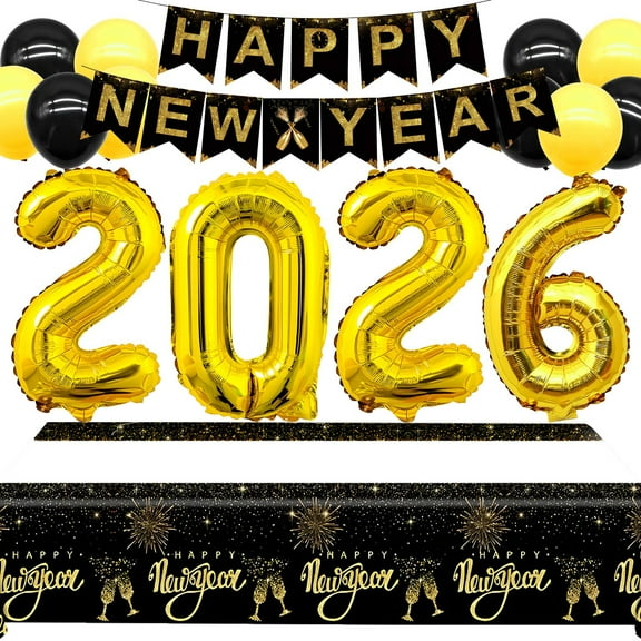 Tumao Happy New Years Decorations Set 2026 New Years Eve Party Supplies 2026, Gold Numbers 2026 Balloons, Banner, Tablecloth