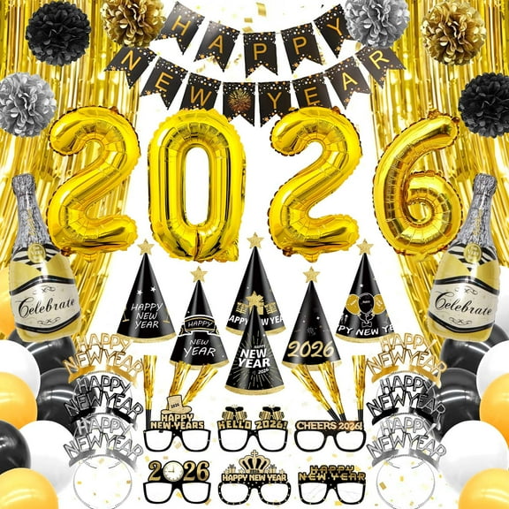 Tumao New Years Eve Party Supplies 2026, New Years Decorations 2026, Accessories includes Gold Numbers 2026 Balloons, Banner, Hats, Ribbon, Glasses,Tiaras, Squawkers and Fringe Curtains