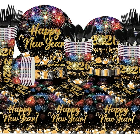 Tumao New Years Plates and Napkins Party Supplies, Happy New Years Party Decorations, Black Gold Theme Tableware Set for New Years 121Pcs 20 Guests