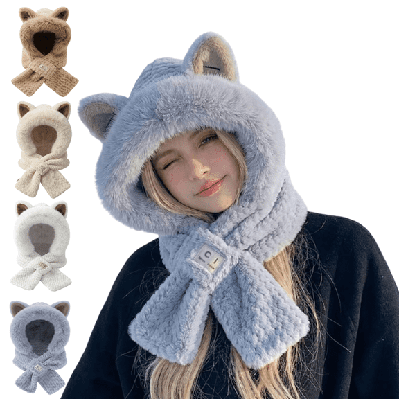 Tumao Scarf Hat with Fox Ears, Hooded Warm Scarf Fluffy Soft Bear Warmer Neck, Winter Cozy Gifts