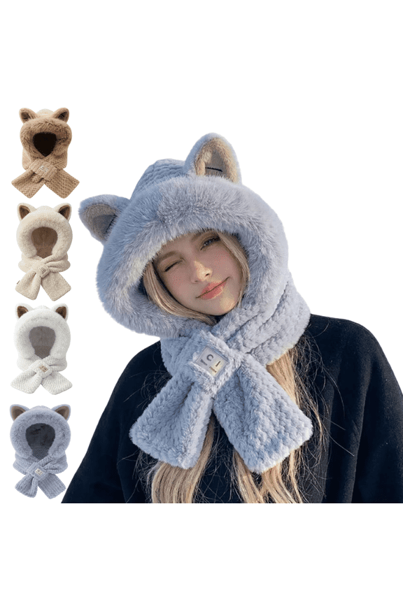 Scarf Hat with Fox Ears, Hooded Warm Scarf Fluffy Soft Bear Warmer Neck, Winter Cozy Gifts