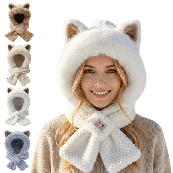 Tumao Scarf Hat with Fox Ears, Hooded Warm Scarf Fluffy Soft Bear Warmer Neck, Winter Cozy Gifts
