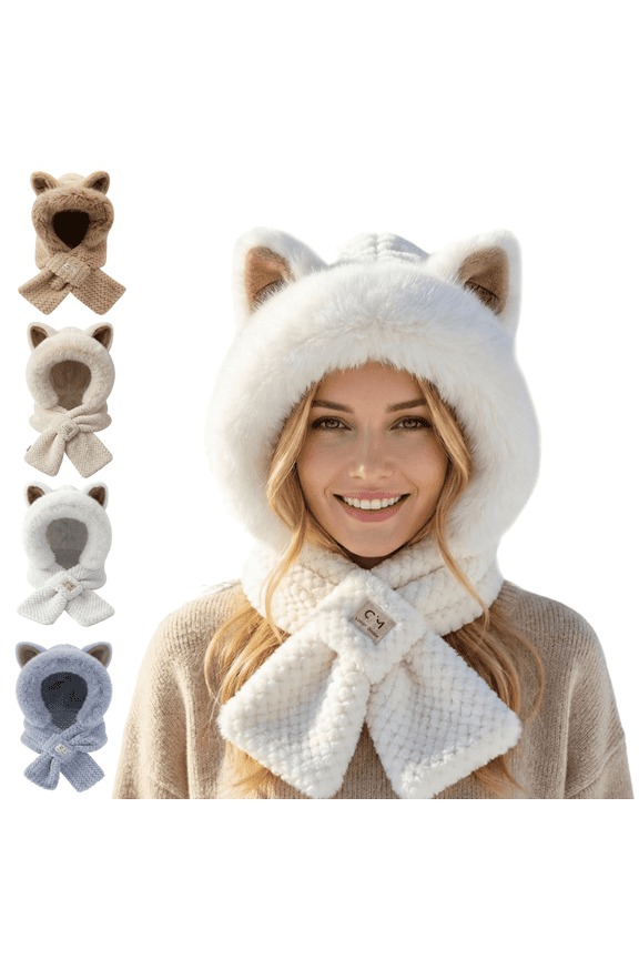 Scarf Hat with Fox Ears, Hooded Warm Scarf Fluffy Soft Bear Warmer Neck, Winter Cozy Gifts