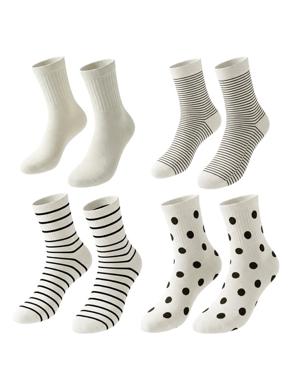 Women's Polka Dot & Striped Crew Ankle Socks Soft Thin Lightweight Breathable Casual & Athletic 4 Pack