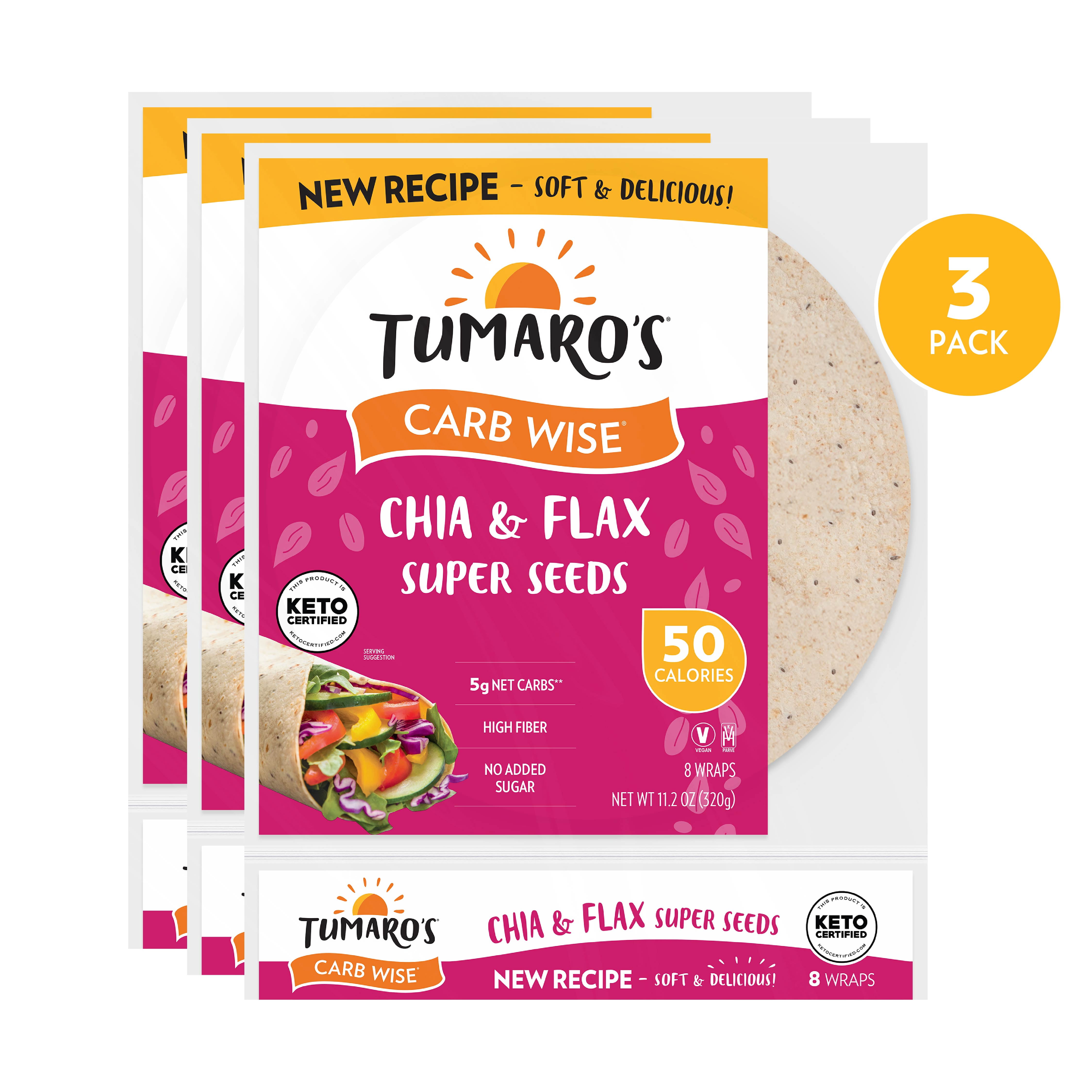 Tumaro's Chia & Flax Super Seeds Carb Wise Wraps, 3 pack, 24 count